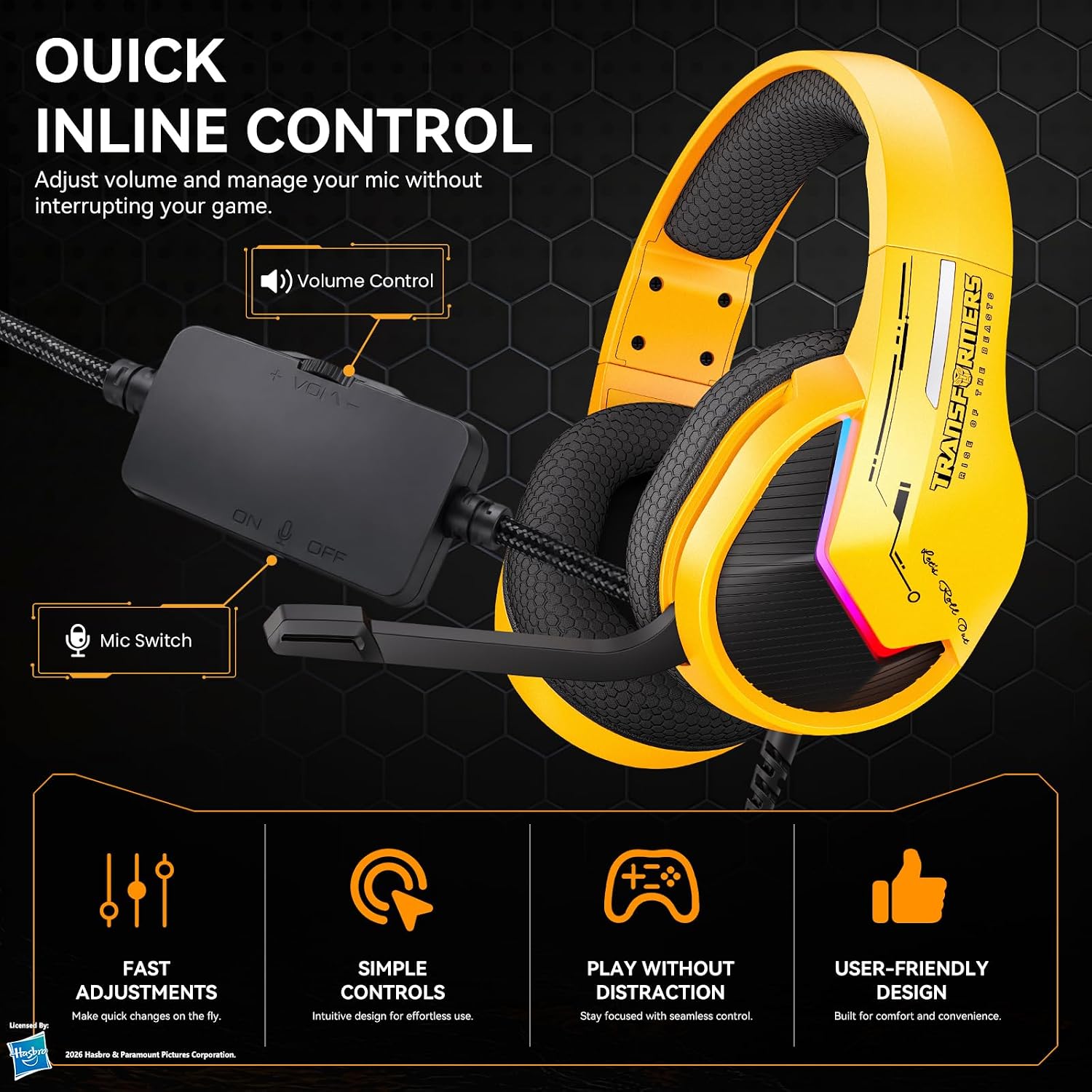 Transformers Wired Gaming Headset, 50MM Drivers, LED Light, Lightweight, 3D Surround Sound TF-G15 Yellow