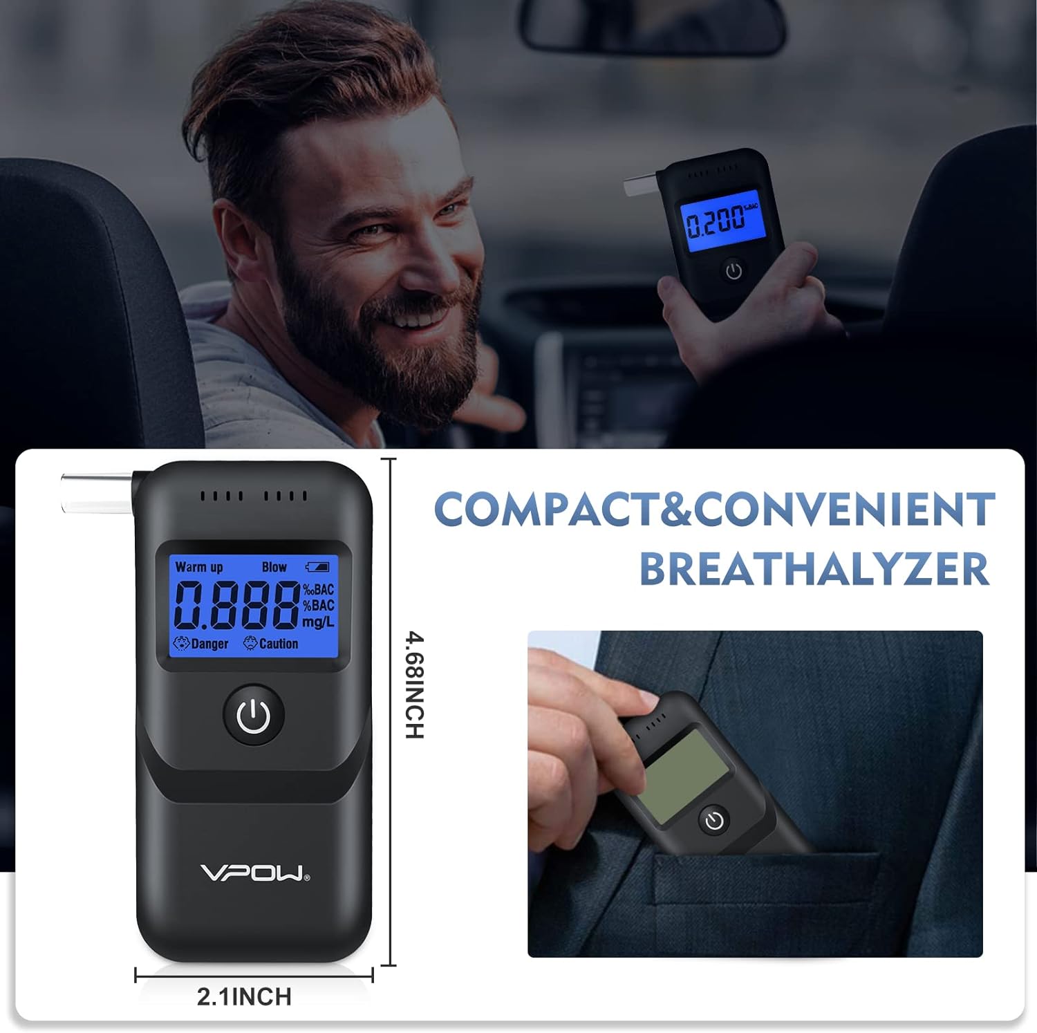 VPOW Breathalyser Alcohol Meter with Digital Blue LCD Display