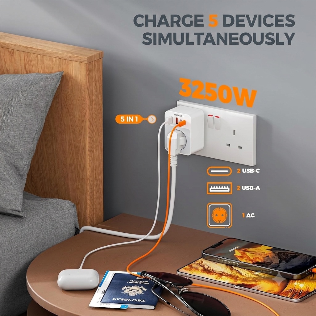 Tessan AC Plug Through 1-Gang 13A Schuko to UK Adaptor & 2xA 2xC 20W TS-TA02DEUK