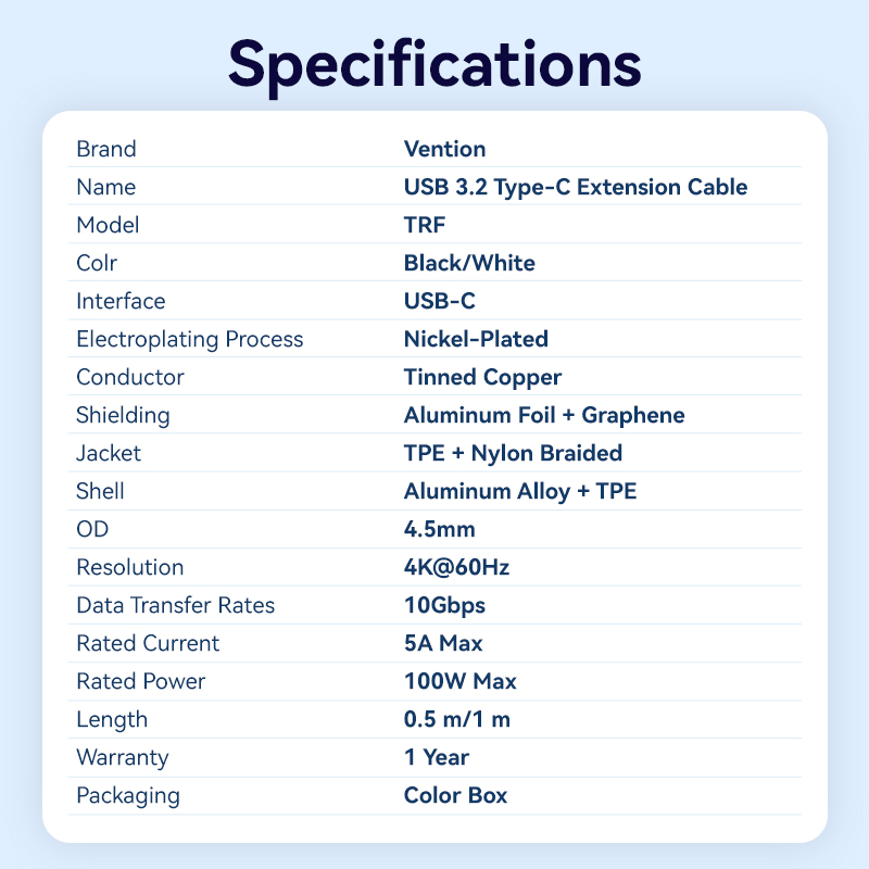 Vention IT Cable USB-C 3.2 Gen2 M-F 0.5m Braided Aluminum Black TRFBD