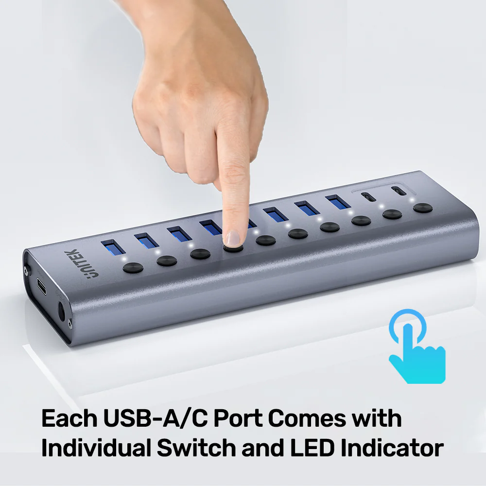 Unitek USB-C Hub 8xUSB-A Power Switch 2xUSB-C 12V3A H1315B