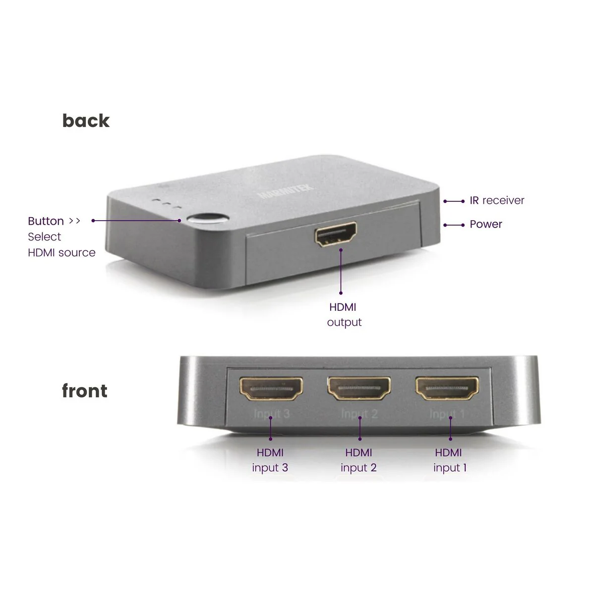 Marmitek HDMI Switch 3x1 4K 60Hz with IR Receiver Connect 310 UHD 2.0