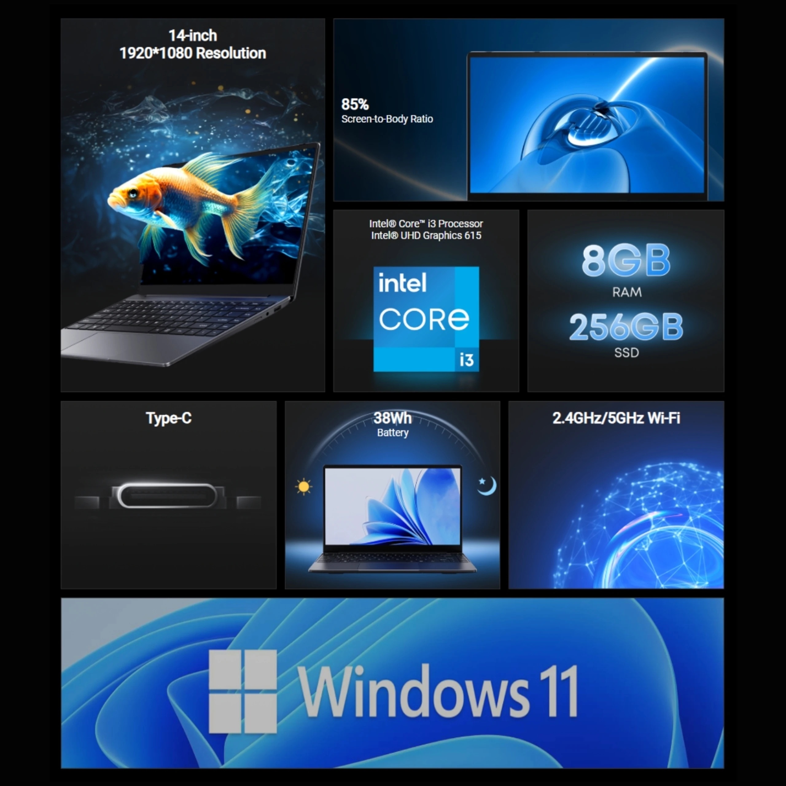 Chuwi Laptop CoreBook 14'', i3-10100Y, 8GB RAM+ 256GB SSD,Windows 11 Pro
