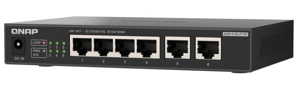 QNAP 6-Port Multi-Gig Unmanaged Switch with 4x 2.5GbE & 2x 10GbE RJ45 Ports QSW-2104-2T-R2