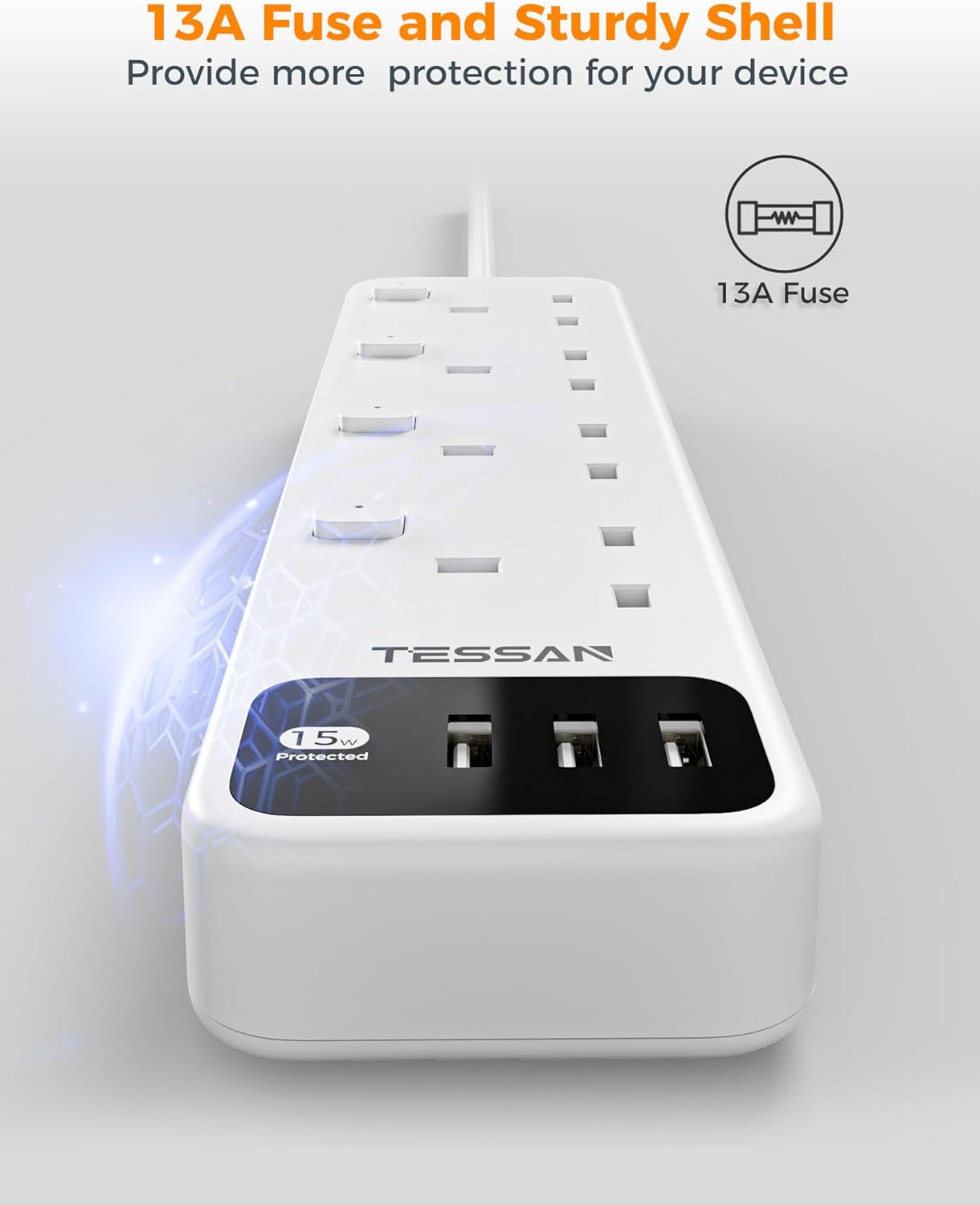 Tessan 4-Gang Extension 3 USB-A 2m 13A TS-B204