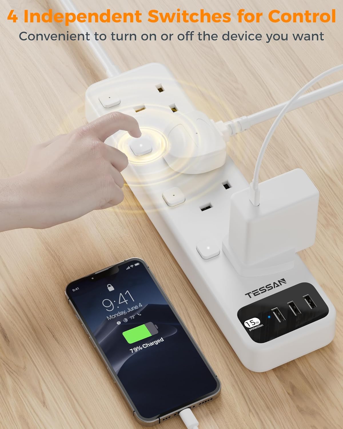 Tessan 4-Gang Extension 3 USB-A 2m 13A TS-B204