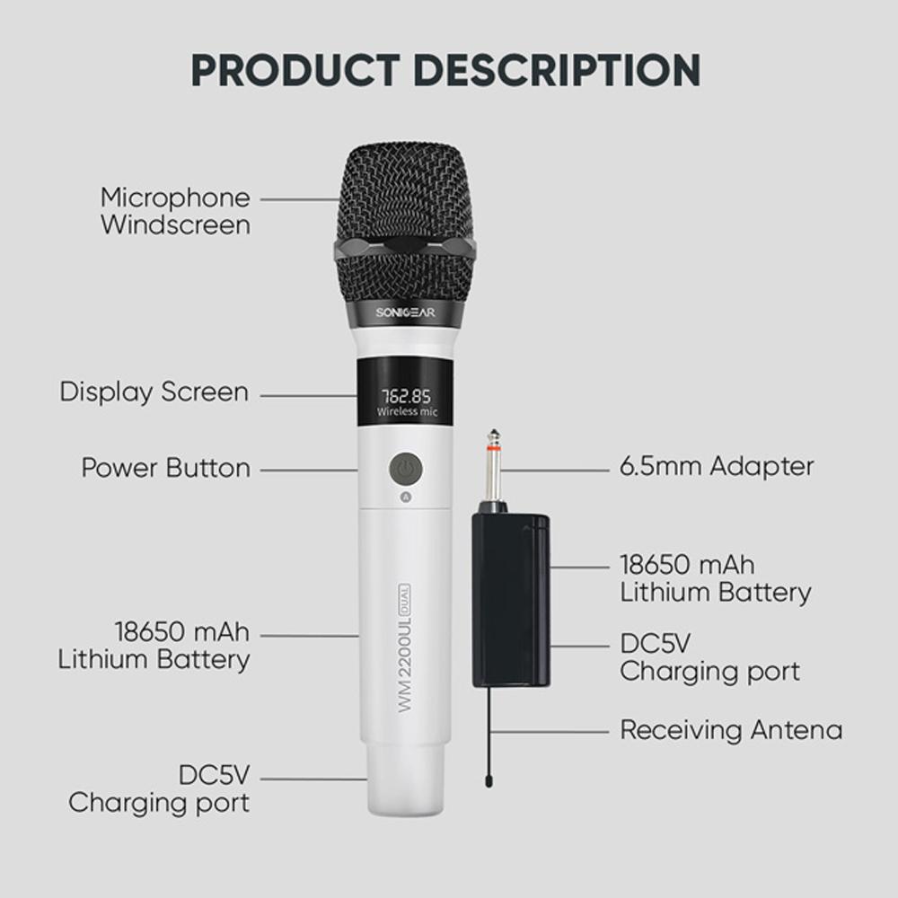SonicGear WM2200UL DUAL Grigio 2 x Wireless 2.4GHz Rechargeable Microphone Handsets with LED Display