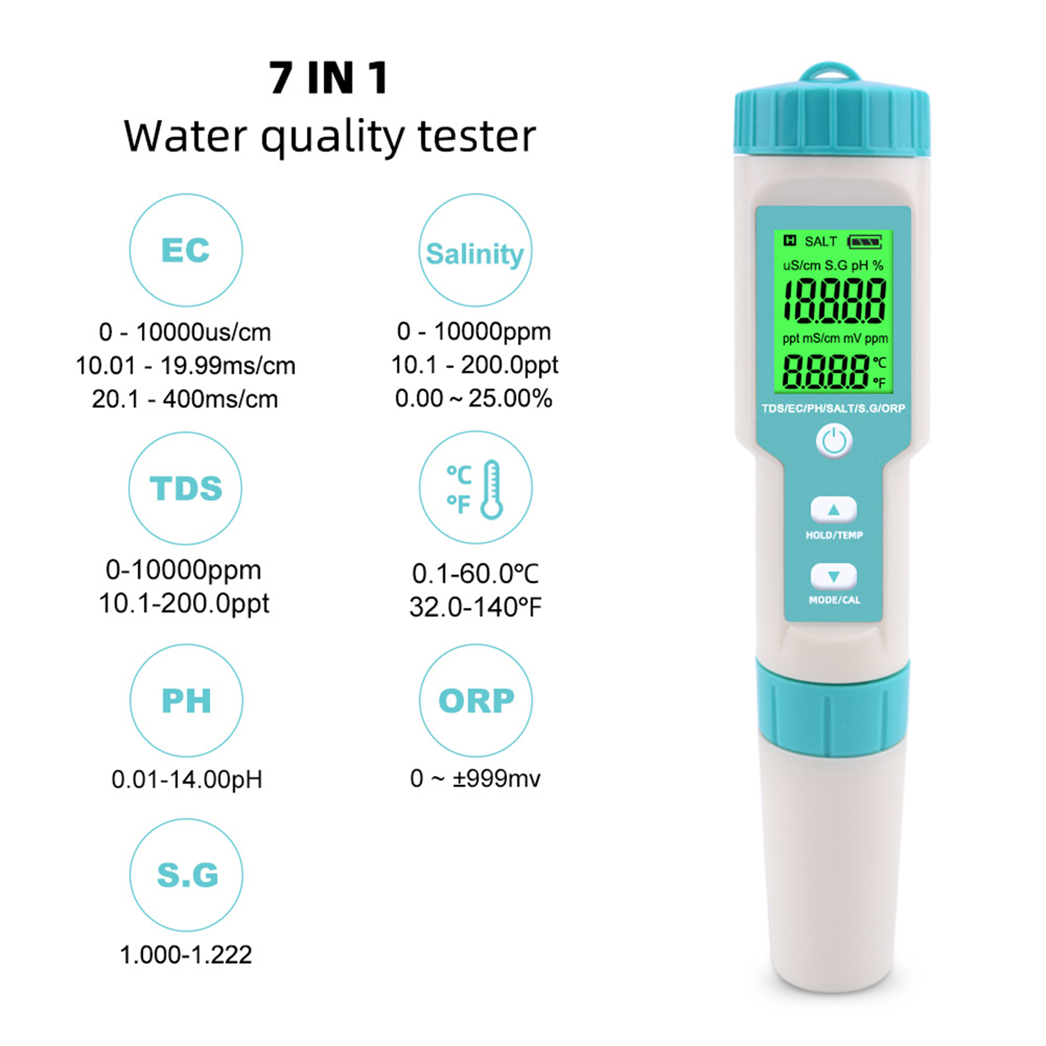 Noyafa Water Quality Tester with 7-in-1 Measurement (pH, TDS, EC, Salinity, S.G., ORP, Temperature), High-Precision Probe, IP67 NF-C600