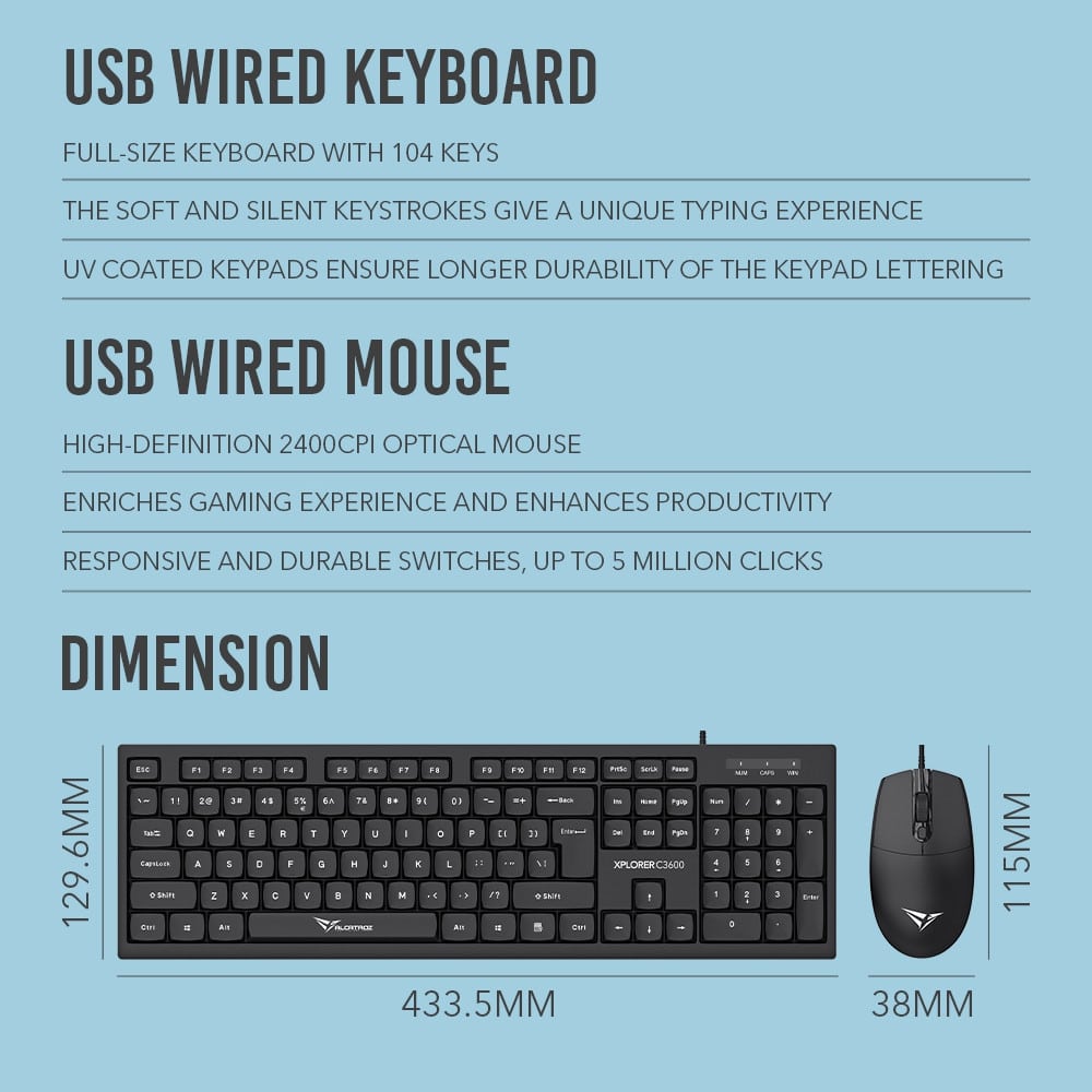 Alcatroz Keyboard & Mouse Wired Combo XPLORER C3600 Silent Black