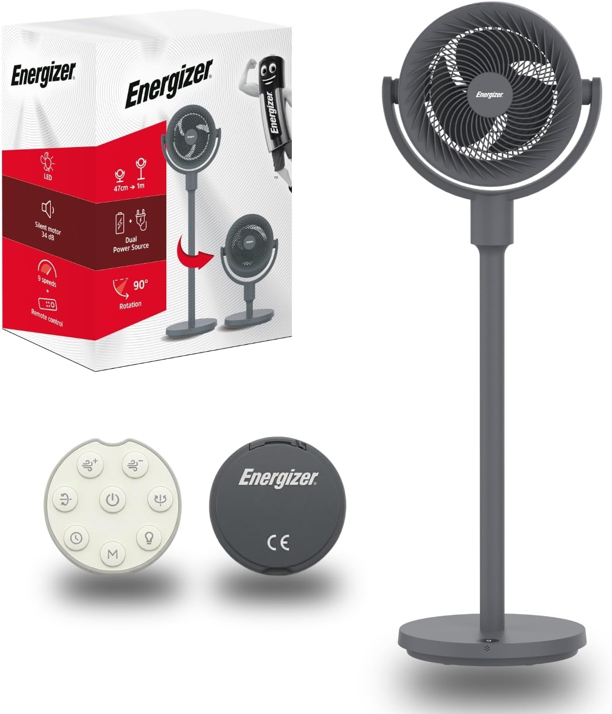 Energizer F609R Floor & Table Fan 9'' Extendable up to 1m Quiet, Rotatable & USB Rechargeable