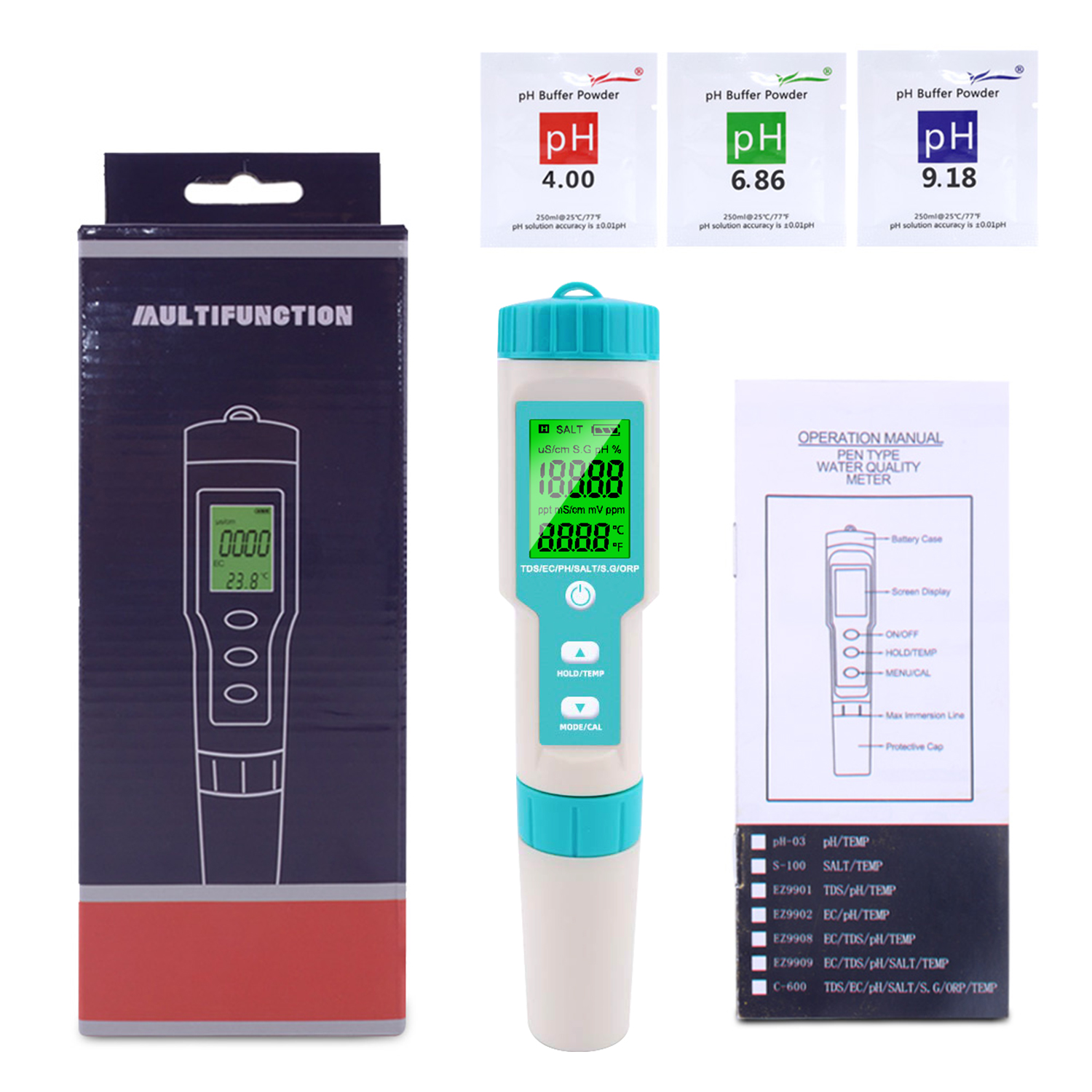 Noyafa Water Quality Tester with 7-in-1 Measurement (pH, TDS, EC, Salinity, S.G., ORP, Temperature), High-Precision Probe, IP67 NF-C600