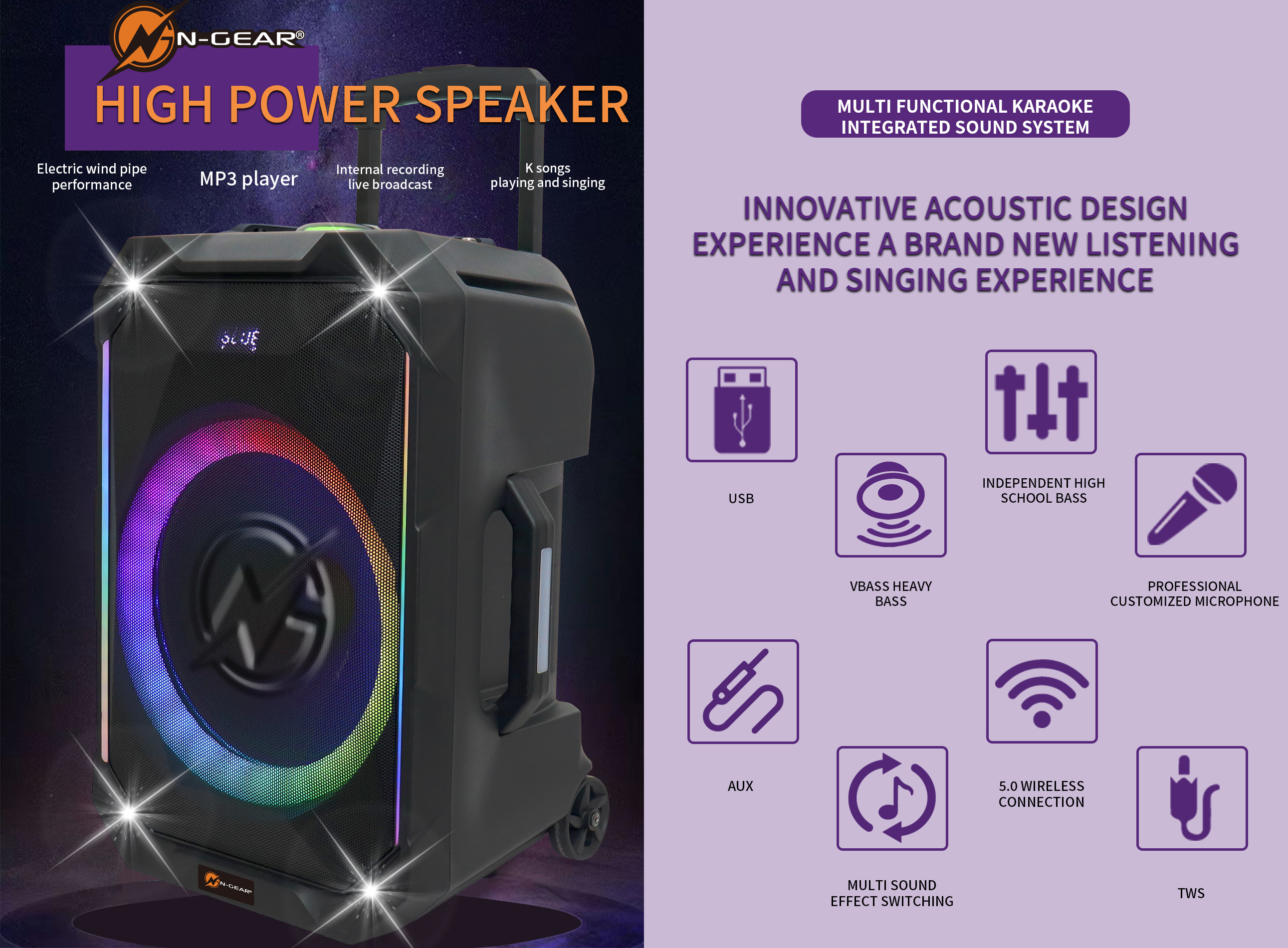 N-Gear FLASH1240 12'' Portable Karaoke Speaker with 1x Wireless Mic LED Lights USB & BT