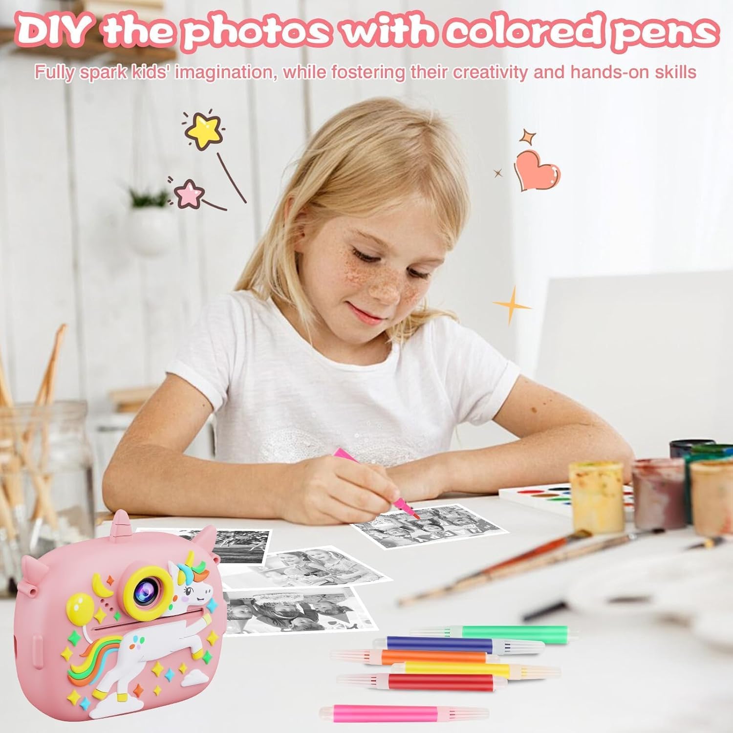 Kids Instant Camera with Printing Paper & 32G TF Card, Gift for Children 3-12 Years - Pink
