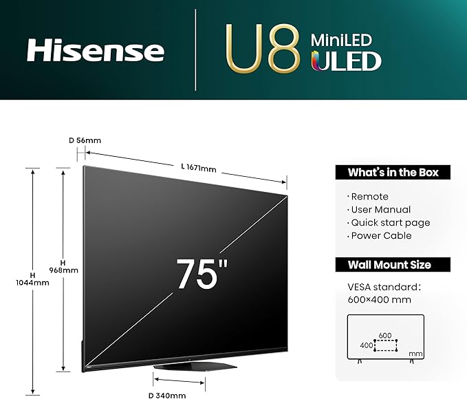 Hisense 75U8NQ 75'' 4K Smart QLED MINI LED 120hz TV
