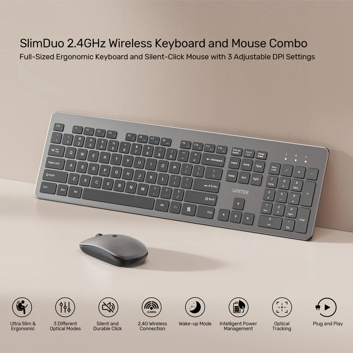 Unitek IT Keyboard & Mouse Combo Wireless 2.4GHz English SlimDuo T054 Space Grey