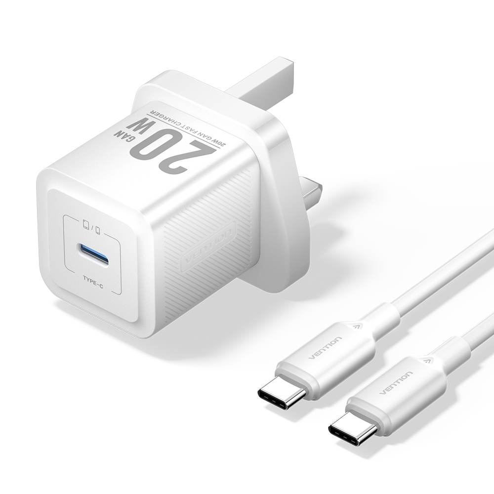 Vention Charger Wall GaN 20W 1xUSBC UK + USB-C 1m Cable White FEPW0-UK-01