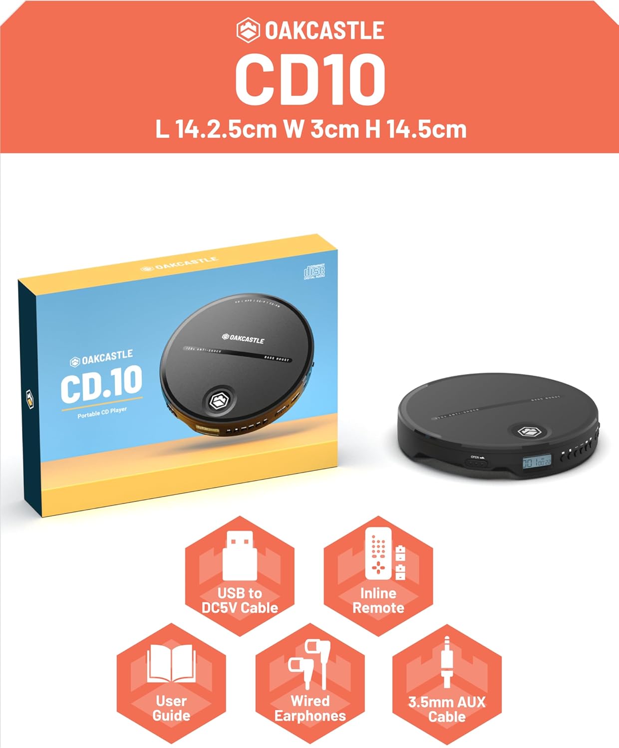 Majority Portable CD Player Incl. Earphones 2x AA Line out Oakcastle CD10