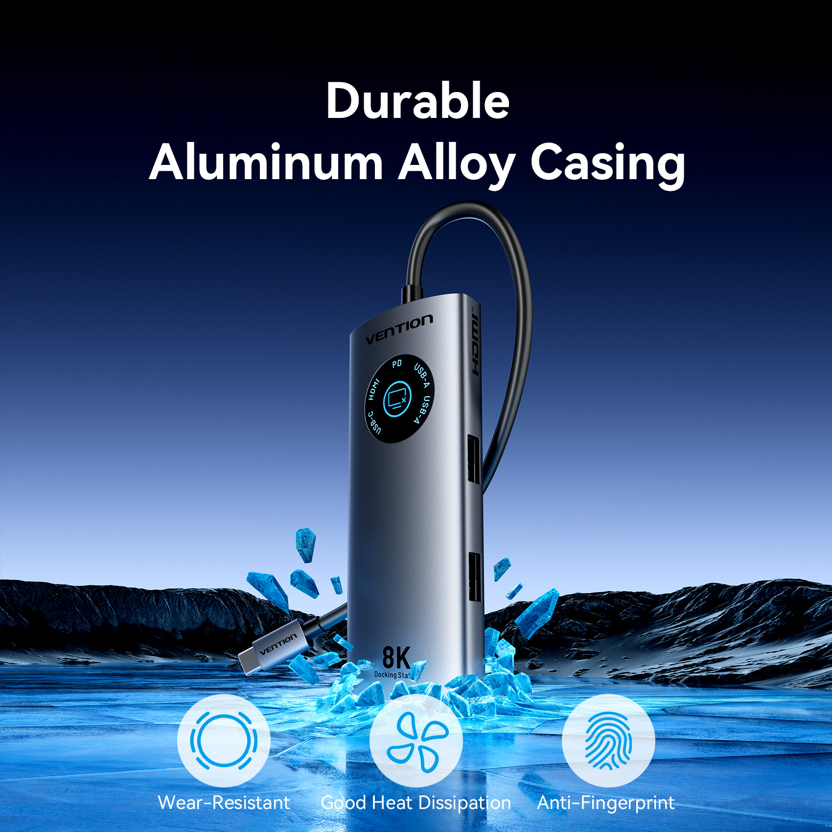 Vention HUB USB-C 3.2 Gen1/8K-HDMI/Gb/PD + LED Display & Switch TQZHB